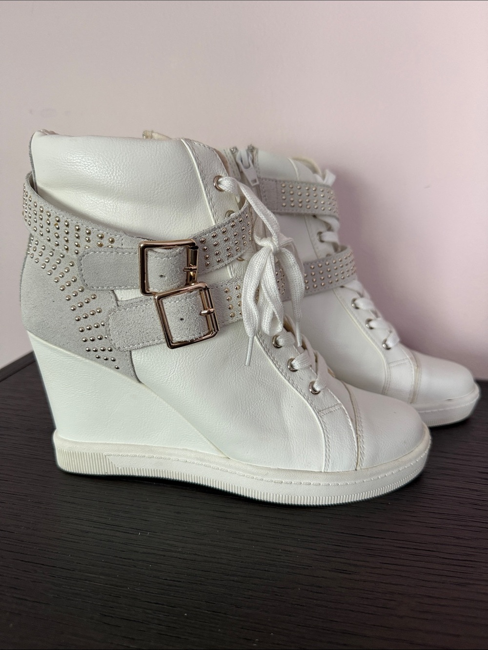 Aldo White Wedge Sneaker Boots with Studded Straps